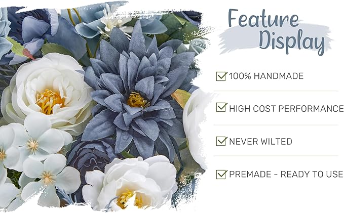 Artificial Flowers Wedding Arch Kit, Dusty Blue Silk Roses with Sheer Drapes