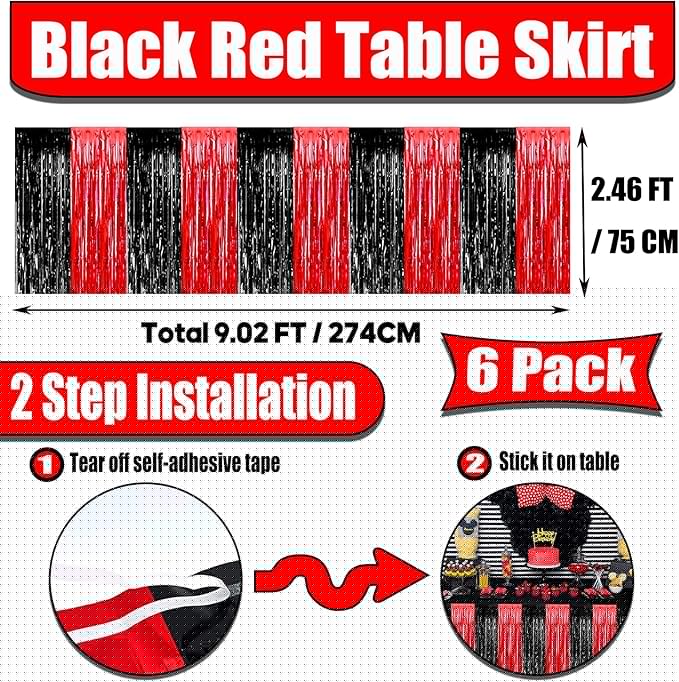 6 Pack 29x108 Inch Black Red Metallic Foil Fringe Tinsel Table Skirts for Rectangle Tables Streamer Curtains Backdrop for Wedding, Casino Viva Las Vegas Game Night Birthday Party Decoration