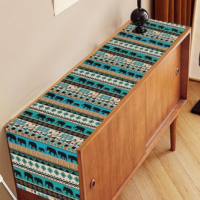 Boho Table Runner, Rustic Aztec Blue Teal African Elephant Tribal Ethnic Native Farmhouse Table Center Decor for Home Kitchen Dining Patio Holiday Party Indoor Outdoor Table Decorations, 13"x36" Inch