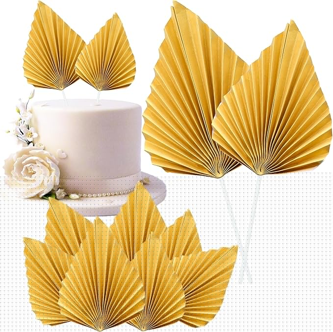 Gyufise 6Pcs Paper Palm Fan Cake Toppers Palm Leaf Fan Cake Topper Palm Spear Leaf Cupcake Toppers Cake Insert Decoration For Cake Decorating Diy Craft Project Home Wedding Party Supplies Gold