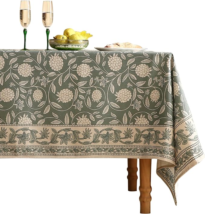 Tablecloth 55 x 71 Inch Rectangular, Grayish Green Linen-Blend Floral