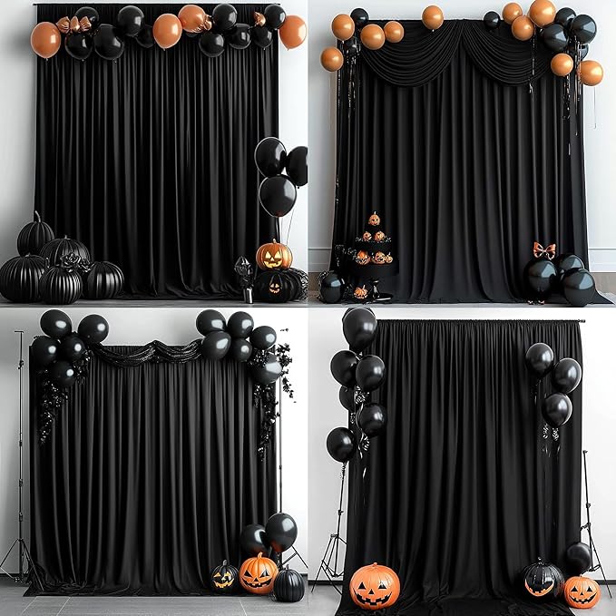 40 ft x 10 ft Wrinkle Free Black Backdrop Curtain for Parties, 8 Panels 10ft Polyester Black Photo Backdrop Drapes for Graduation Birthday Wedding Party Stage Curtains, Thick Bulk Background Curtains