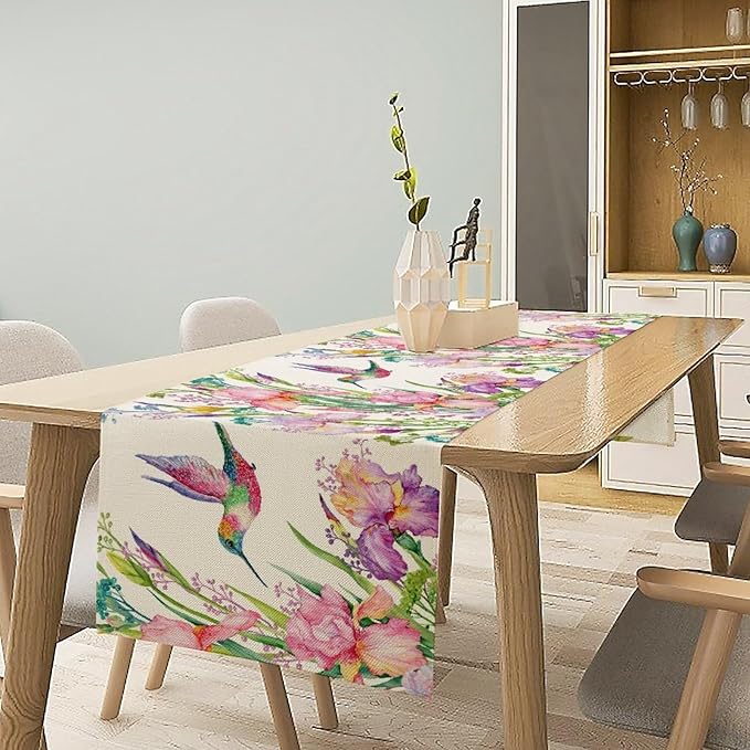 Hummingbird Table Runner,Pink Floral Country Style Table Runner for Kitchen Dining Table Home Party Decoration 13x120 Inch