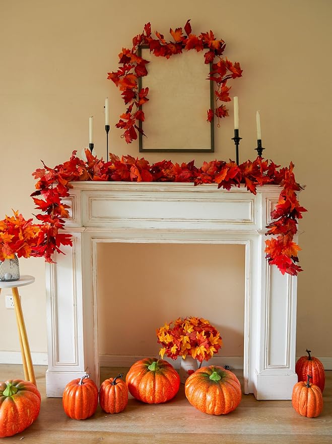 Party Joy 6PCS Artificial Maple Leaf Garland - 5.6Ft Autumn Red Fall Decor for Front Door, Table & Wall, Thanksgiving Garland Hanging Vines with Realistic Leaves