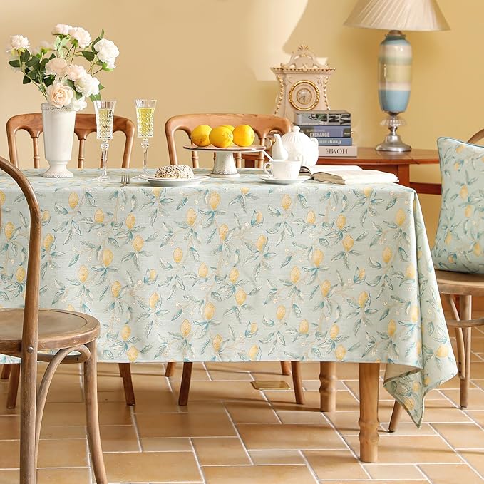 patdrea Designer Linen Green Tablecloth for Rectangle Table,Vintage Yellow Fruits Pattern Extra Long Table Cloth,Decoration Cover for Kitchen Dining,Christmas,Thanksgiving,Party,63"x110"-Ania a