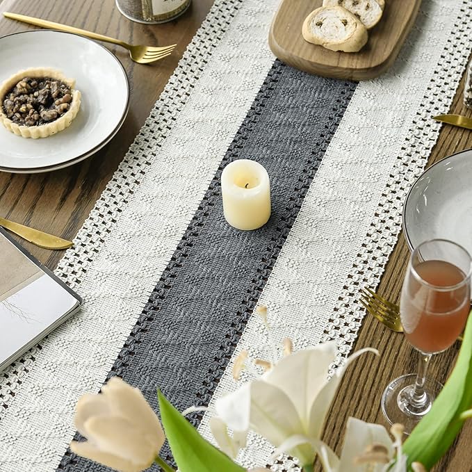 Artoid Mode Dark Grey Farmhouse Rustic Table Runner, Seasonal Holiday Hollow Kitchen Dining Table Decoration for Home Party Decor 12x36 Inch
