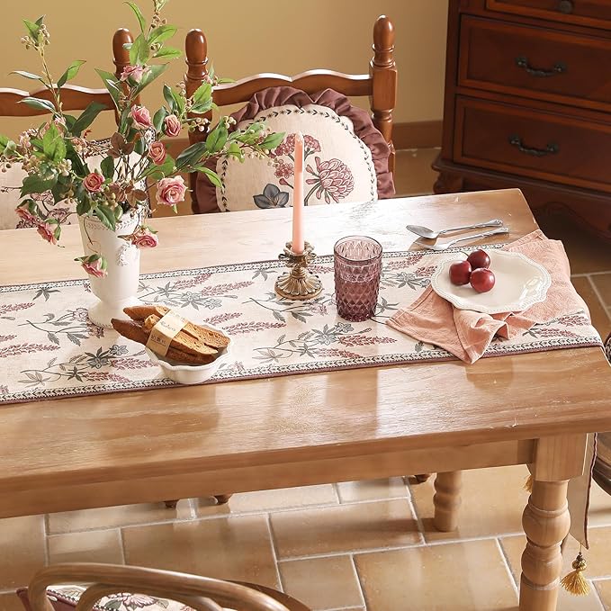 ISAENNE Designer Light Beige Linen Extra Long Table Runner 118 Inches,Vintage Floral Wrinkle Resistant Table Runners for Dining Tables,Christmas,Thanksgiving,Kitchen Tables,12"*118"-Helena A