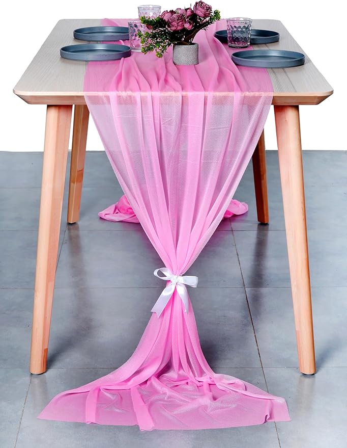 MDS 20 Pack 10ft Chiffon Table Runner 29 x 120 Inches Sheer Wedding Runner Romantic Rustic Table Runner for Wedding Decorations, Birthday Parties, Bridal Shower Party Arch Decor - Bubblegum Pink