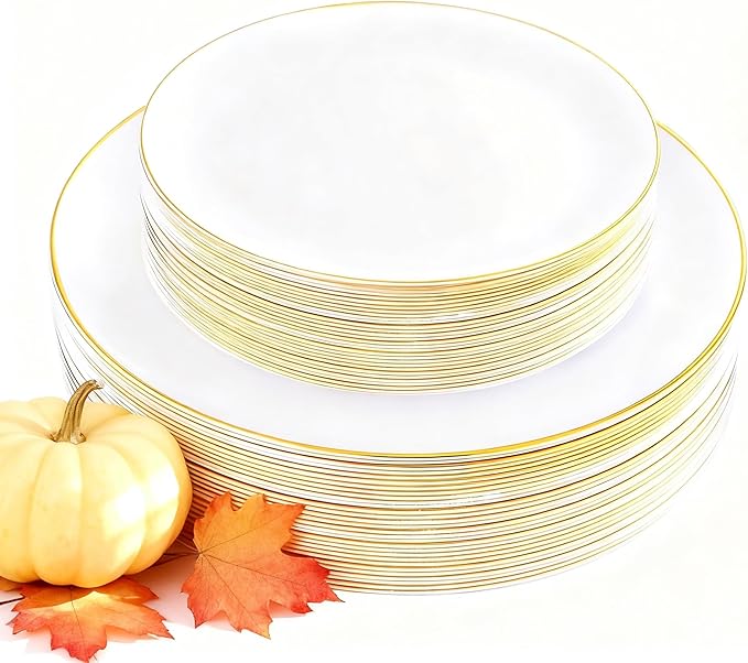 Disposable Plates, 60 Count White Plastic with Gold Rim, Heavy Duty