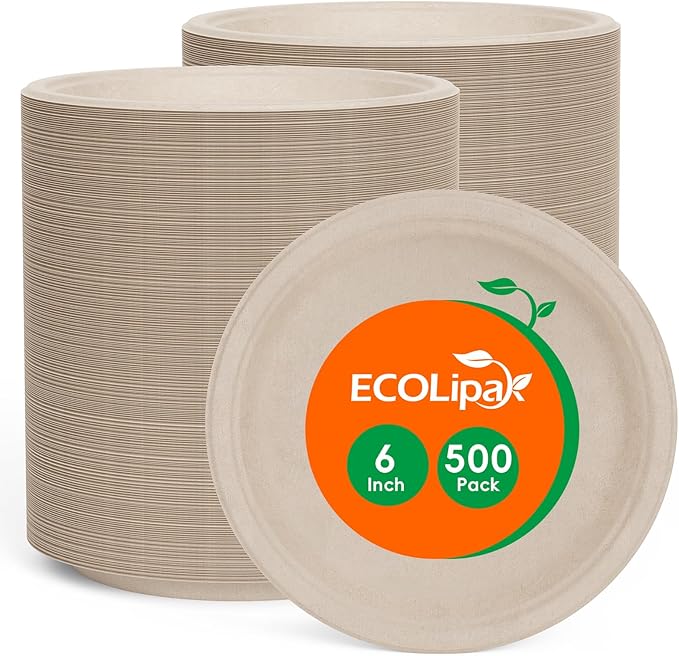 Disposable Paper Plates, 6 Inch Round Sugarcane, 500 Count