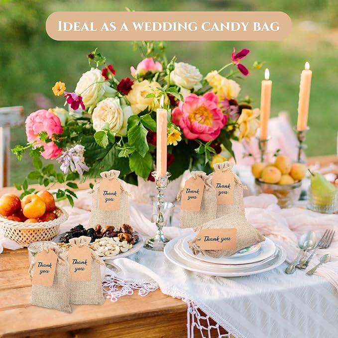 Burlap Gift Bags 100 Pack, Light Brown with Drawstring and Kraft Tags
