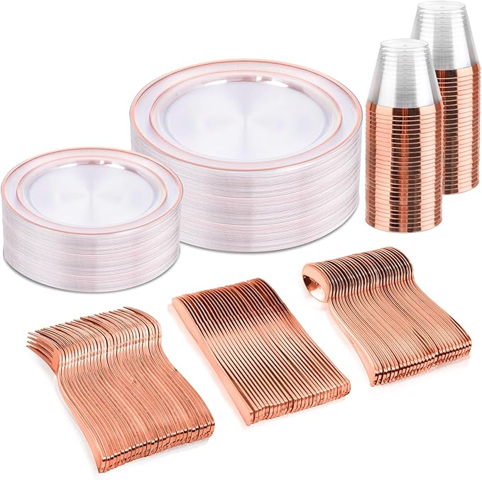 Disposable Plates, Clear Plastic with Rose Gold Trim, 150-Piece Set