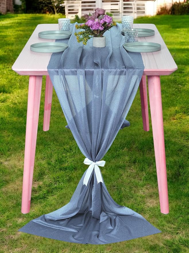 MDS 15 Pack 10ft Chiffon Table Runner 29 x 120 Inches Sheer Wedding Runner Romantic Rustic Table Runner for Wedding Decorations, Birthday Parties, Bridal Shower Party Arch Decor - Dusty Blue