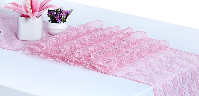 MDS Pack of 10 Wedding 12 x 108 inches Lace Table Runner for Wedding, Decorations for Birthday Parties, Banquets, Graduations, Engagements, and Runners fit Rectangle, Round Table- Blush Pink