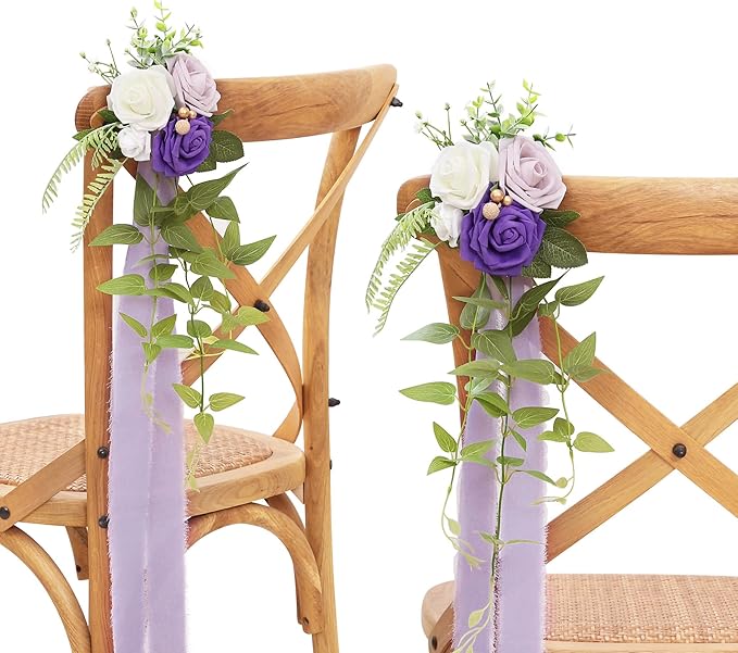 Artificial Flowers: Purple Rose Pew Flowers for Chairs, Set of 10