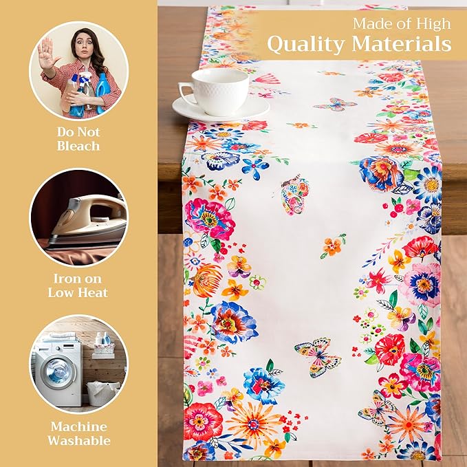 Maison d' Hermine Table Runner 100% Cotton Double Layer Table Runners 72 inches Long Decorative for Home Dining Party Wedding Bridal Shower Spring Summer (Happy Florals - High Summer, 14.50" x 72")