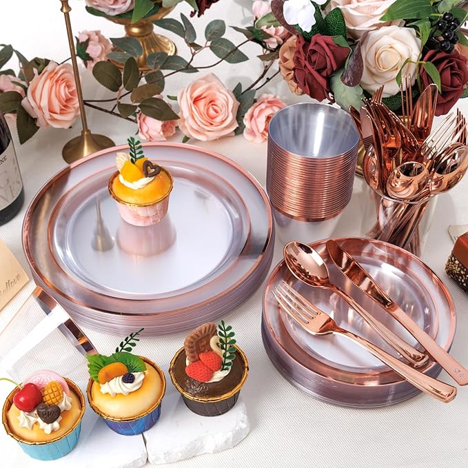 Plates Set, Clear Rose Gold Plastic, 600 Pieces for 100 Guests
