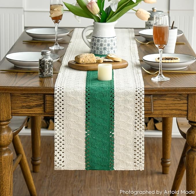 Artoid Mode Dark Green Farmhouse Rustic Table Runner, Seasonal Holiday Hollow Kitchen Dining Table Decoration for Home Party Decor 12x72 Inch