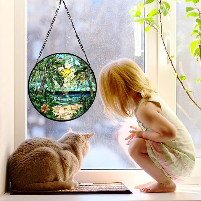 Stained Glass Window Hanging, Green Beach Scenery Suncatcher Diamond Glass Panel Hangings Sun Catchers Decor for Birthday for Women, Men, Wife, Aunt, and Mom 9.8 in