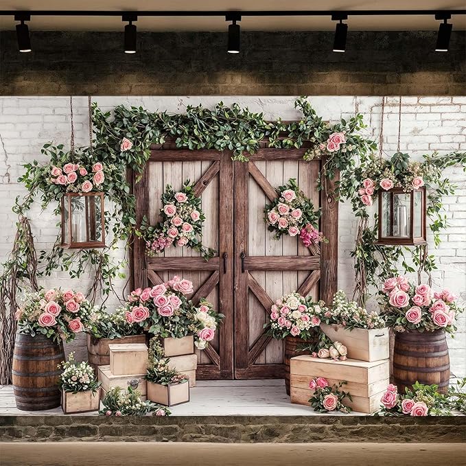 5x3ft Country Wedding Photography Backdrop Floral Rustic Roses Farmhouse Wooden Door Backdrop Pink Flower Birthday Baby Shower Wedding Bridal Party Banner Photo Booth Props Anniversary Background