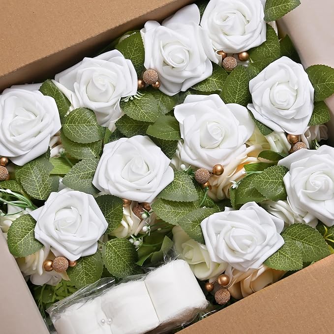 Artificial Pew Flowers, Set of 10, White Roses with Ivory Chiffon Ribbons