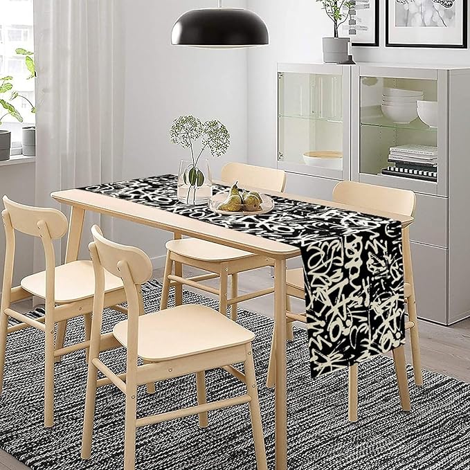 Graffiti Table Runner,Black White Abstract Messy Art Theme Pattern Print Tablecloth Burlap for Hotel Indoors Outdoor Dining Room Kitchen Home Decor,W13X L36 in