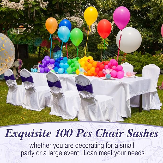 Moukeren 100 Pcs Spandex Chair Sashes Bows Bands Slider Sashes for Chair Covers Elastic Bands Ties Ribbon Decorations for Wedding Party Events Ceremony Birthday Banquet(Deep Purple)