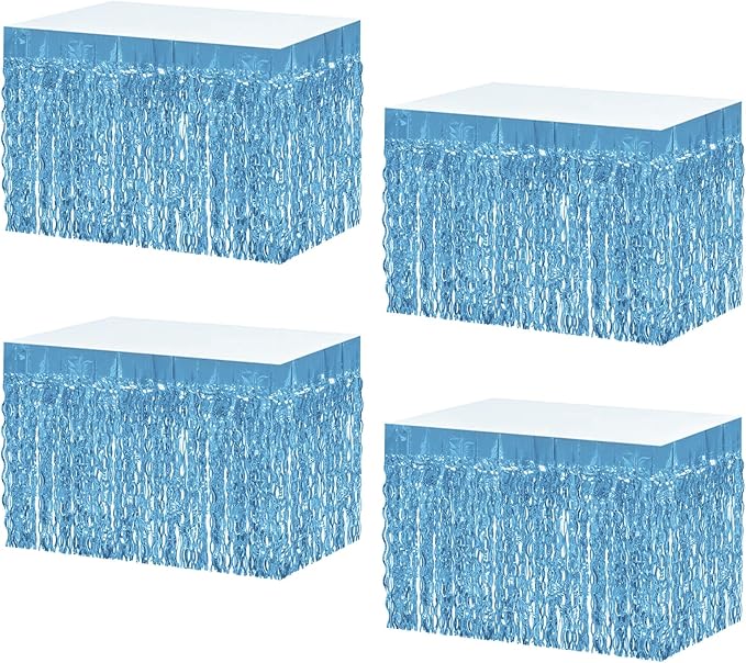 4P Wavy Metallic Tinsel Foil Fringe Table Skirts for Rectangle Tables Backdrop Garland Curtains for Parade Floats Wedding Birthday Parties Decoration Graduation 2025 Christmas (Light Blue)