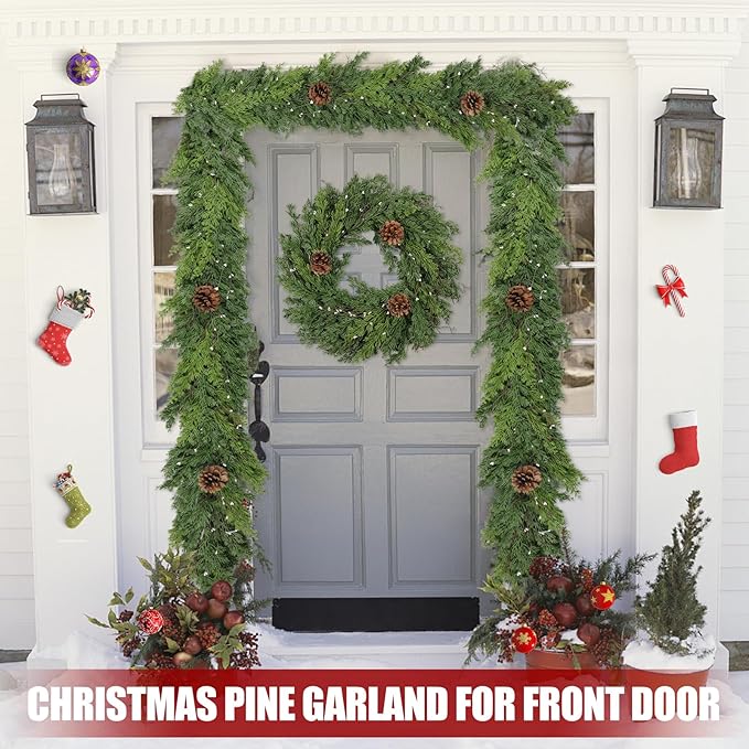 Christmas Garland, 6 Ft Dark Green with Pinecones and White Beads