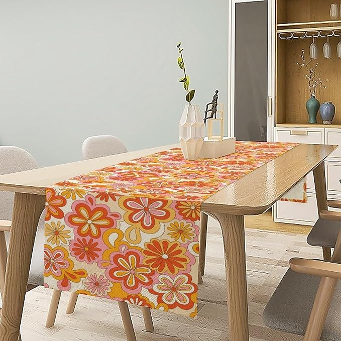 Vintage Floral Table Runner,70s Style Retro Daisies Flower Hippie Table Runner for Kitchen Dining Table Home Party Decoration 13x36 Inch