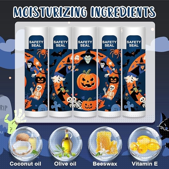 DMSKY 60 Pcs Halloween Lip Balm, Halloween Party Favors Bulk, Halloween Goodie Bags Fillers for Boys Girls