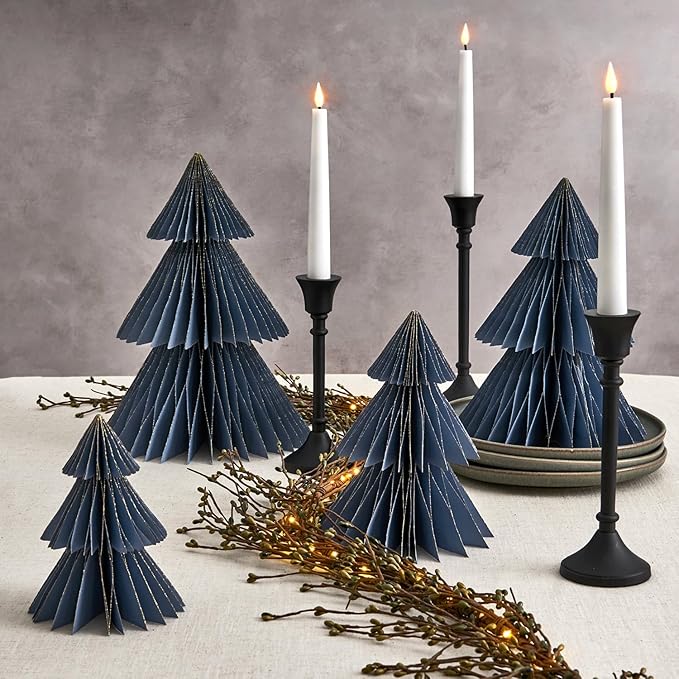 LampLust Winter Ornaments, 2 Pack Dusty Blue Honeycomb Paper Trees, 6 & 8 in, Blue Winter Wonderland Decorations, Table Centerpieces Decorations for Home Mantel Decor