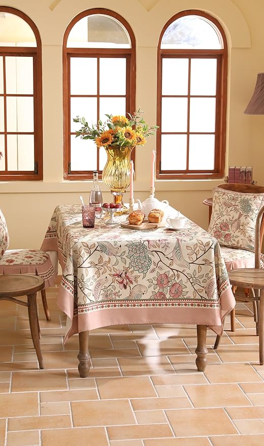 patdrea Designer Pink Linen Table Cloth for Rectangle Table,Vintage Floral with Birds Pattern Decorative Tablcloth,French Table Cover for Kitchen Dining,Thanksgiving,Christmas,63"x102"-Kulom a