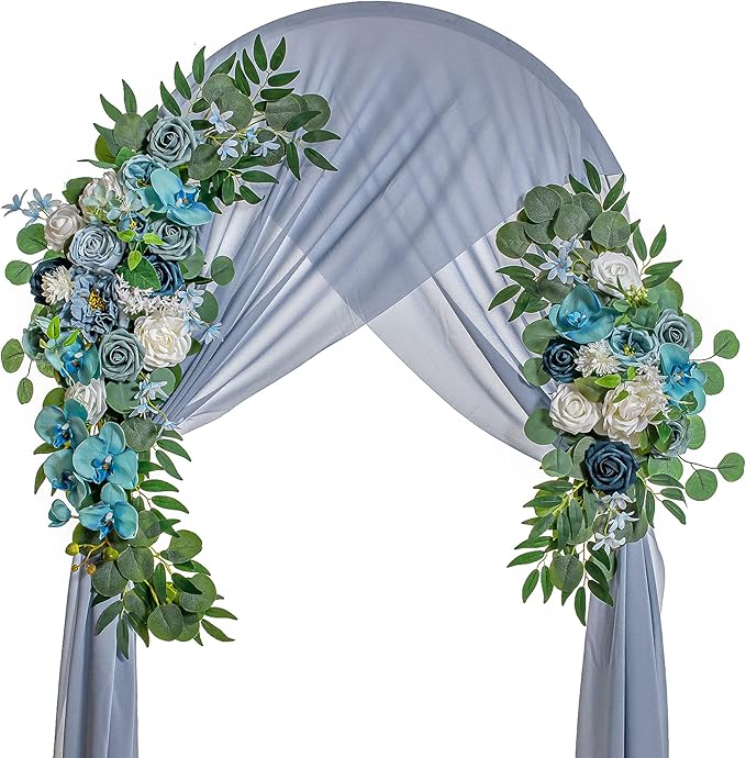 Artificial Flowers Arch Swag Set, Grey Blue Silk Roses and Orchids