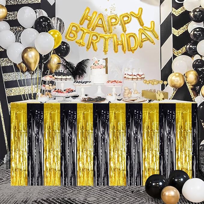 BEISHIDA 2 Pack Black Gold Table Skirts Party Decorations Metallic Tinsel Foil Fringe Decors for Rectangle and Round Table Birthday Retirement Anniversary Graduation Congrats 2026 Party