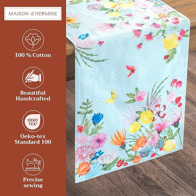 Maison d' Hermine Table Runner 100% Cotton Double Layer Table Runners 72 inches Long Decorative for Home Kitchen Dining Party Wedding Bridal Shower Spring Summer (Jardin D'Ete - Mint, 14.50" x 72")