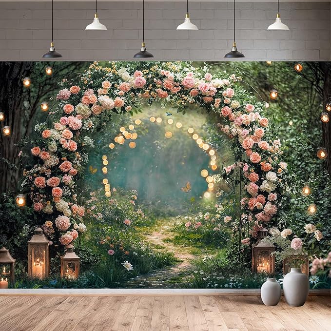 5x4ft Enchanted Forest Wedding Photography Backdrop Wonderland Roses Fairy Tale Backdrop Pink Flower Birthday Newborn Baby Shower Wedding Bridal Party Banner Photo Booth Props Anniversary Background