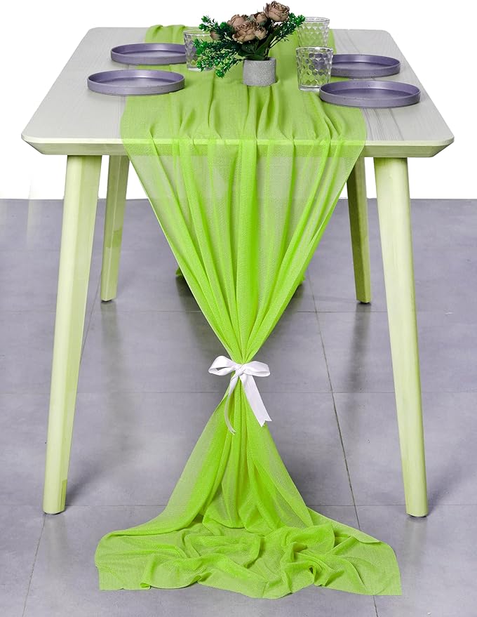 MDS 15 Pack 10ft Chiffon Table Runner 29 x 120 Inches Sheer Wedding Runner Romantic Rustic Table Runner for Wedding Decorations, Birthday Parties, Bridal Shower Party Arch Decor - Parrot Green