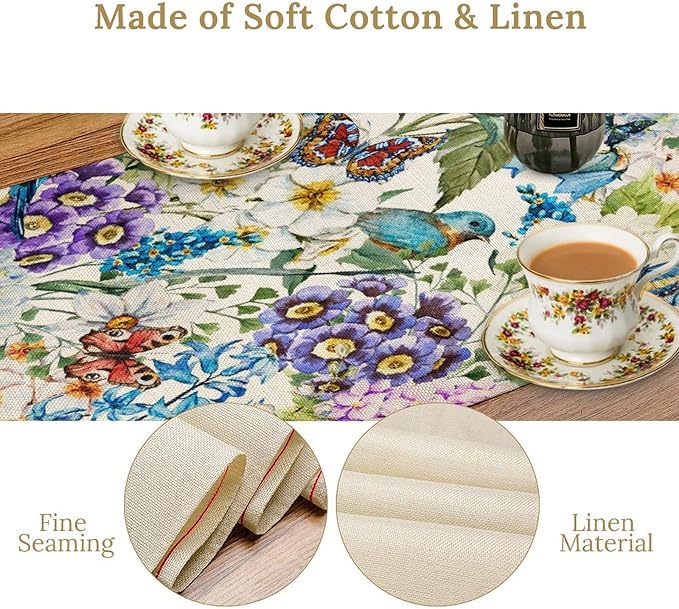 Brown Bird Floral Table Runner Spring Flower Kitchen Table Decoration Suitable for Family Dinner Decoration 13x36 Inch