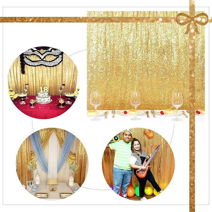 Gold Sequin Backdrop Curtain, 10ft x 10ft, Satin-Backed, Light-Blocking
