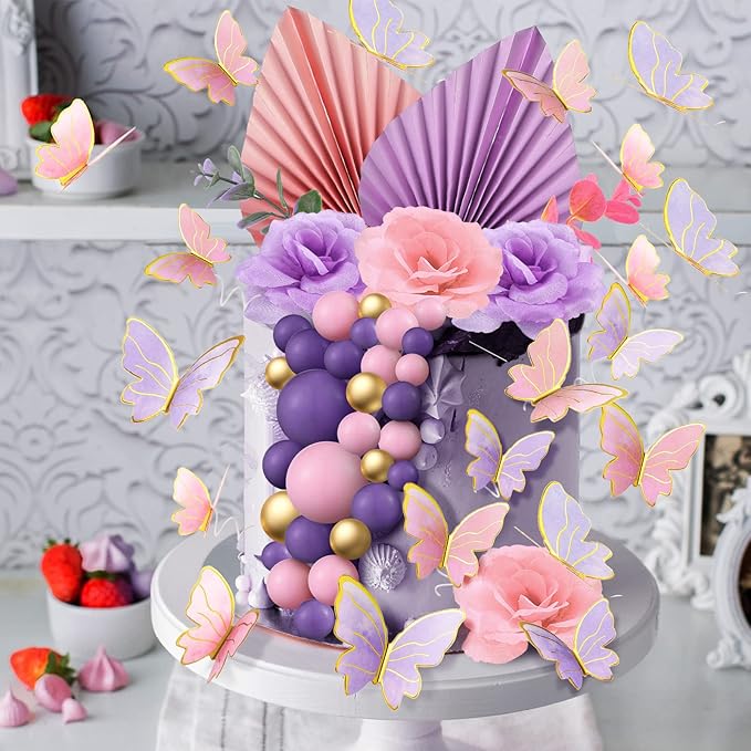 Shimeyao 52 Pcs Wedding Birthday Gold Cake Decoration Boho Cake Topper Pink Purple Flower Butterfly Palm Leaves Balls Toppers for Women Baby Shower Party Decoration(Candy Color)