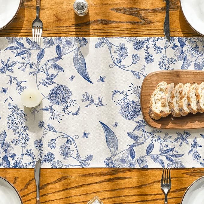 Artoid Mode Monochrome Sketch Birds and Flowers Spring Table Runner, Seasonal Summer Fall Kitchen Dining Table Decoration for Home Party Decor 13x72 Inch