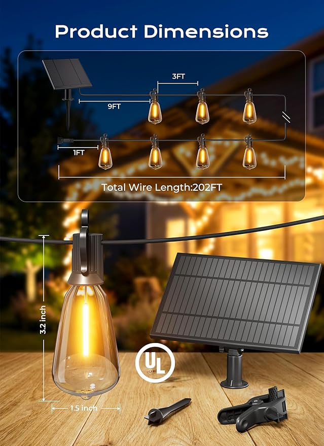 String Lights, 202 Ft Solar Strand with 65 Shatterproof LED Bulbs