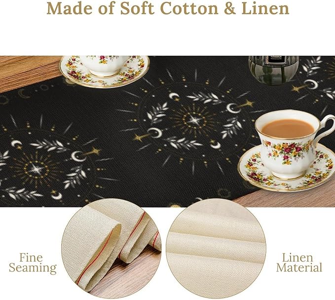 Sun Moon Table Runner, Magical Leaves Mysterious Western Traditional Elements Black White Table Runner for Party Living Room Home Kitchen Dinner Table Runner 13x120 Inch