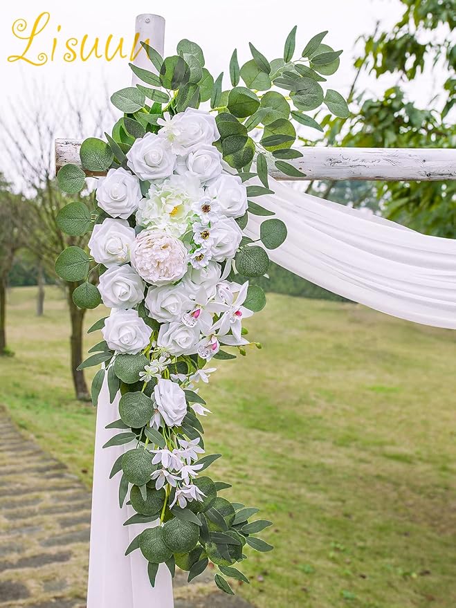Artificial Flowers Wedding Arch Swag, White and Ivory Faux Silk, 40-Inch Set