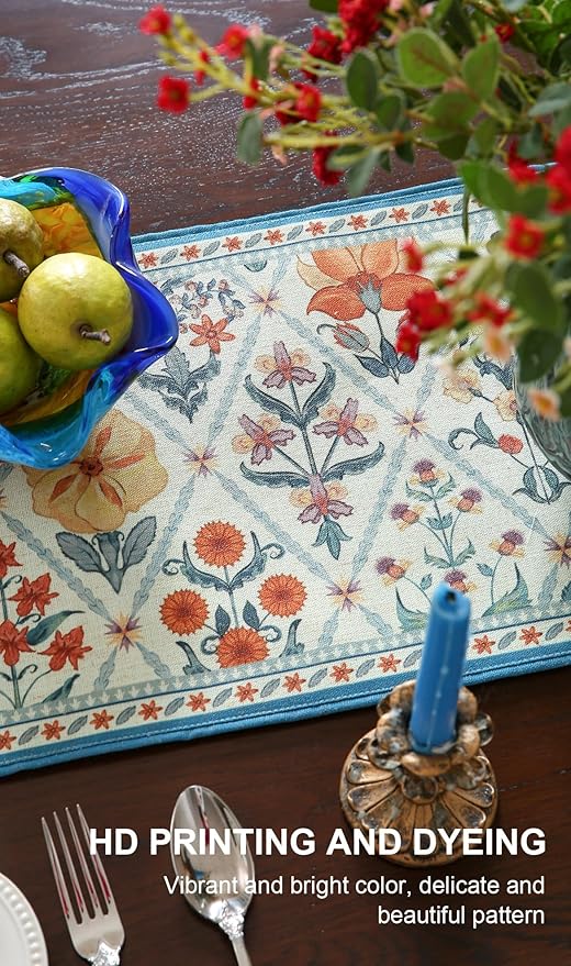 ISAENNE Designer Bohemian Elegant Linen Extra Long Table Runner 118 Inches,Colorful Flower Pattern Table Runners for Dining Tables,Thanksgiving,Kitchen Tables,Christmas,12"*118"-Floralsea A