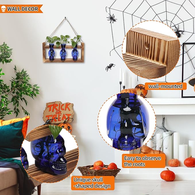 Terrariums Set of 3 Blue Skull Glass Vases with Wood Stand