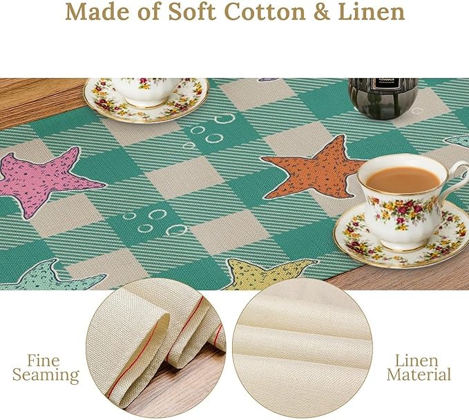 Starfish Plaid Table Flag Green Plaid and Marine Life Starfish Kitchen Table Flag Suitable for Birthday Party Restaurant Decoration Outdoor Picnic 13 * 60 Inch