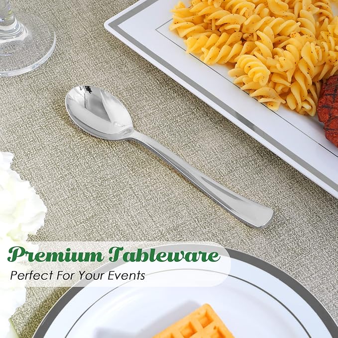 Disposable Plastic Spoons, 300 Count, 6.8-Inch Silver Finish