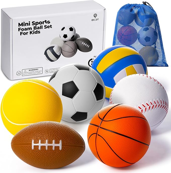 Set Of 6 Mini Sports Foam Balls for Kids, Toddler Ball Toys, Foam Football, Toddler Football, Indoor Baby Soccer, Kids Mini Basketball, Soft Baseball, Volleyball, Small Playground Balls, Baby Ball Toy